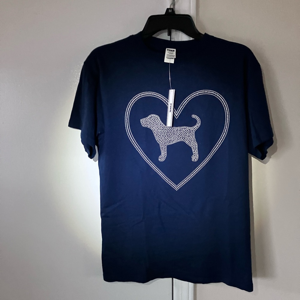 Victorias Secret PINK puppy cotton tee with Dog Logo Navy XS